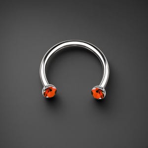 Könnte beinhalten: Ein kreisförmiges hufeisenförmiges Körperschmuckstück aus poliertem silberfarbenem Metall. Die beiden Enden des offenen Rings sind mit kleinen, runden, facettierten orange-roten Edelsteinen besetzt, die fest in den Metallenden sitzen.