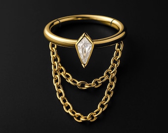 Titanium Clicker Ring with Chains and Crystal Rhombus Ear Huggie Conch Hoop Rook Jewelry Nose Hoop Piercing Ring Jewelry Gold