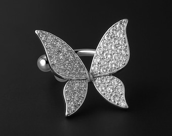 Silver Plated Ear Cuff with Butterfly and Zirconia Minimalist Cartilage Hoop Clip Fake Piercing Jewelry Conch Wrap Ear Jacket