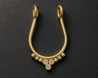 Surgical Steel Septum Cuff with Beads and Crystals an Elegant Clip On Fake Nose Hugger Nose Decoration No Piercing Jewelry Accessory Gold