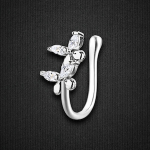 Silver Plated Nose Cuff with Butterflies Clip-On Nose Ring Stylish Fake Piercing Jewelry Trendy Nose Fashion Accessories