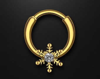 Surgical Steel Clicker Ring with Snowflake and Thin Segment Tragus Hoop Earring Nostril Huggie Jewelry Piercing Jewelry Accessory Gold