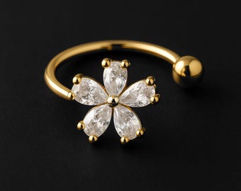 Gold Plated Ear Cuff with Flower and Crystals Helix Hoop No Piercing Wrap Around Cartilage Jewelry Dainty Clip On Earring Accessory