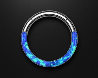 Titanium Clicker Ring with Blue Opal Segment Daith Piercing Hoop Septum Nose Jewelry Nose Clicker Body Piercing Accessory Silver