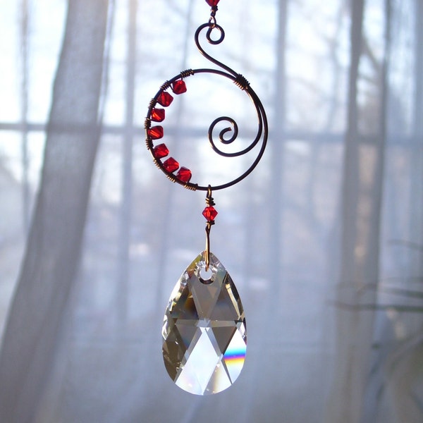 Swarovski Crystal Teardrop Suncatcher, Brass Spiral, Wire Wrapped Red Crystals, Sunny and Bright