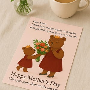 Postal digital del Día de la Madre con osos lindos y flores de primavera. Descarga digital en formato PNG. Regalo para mamá. Postal rosa del Día de la Madre con osos.