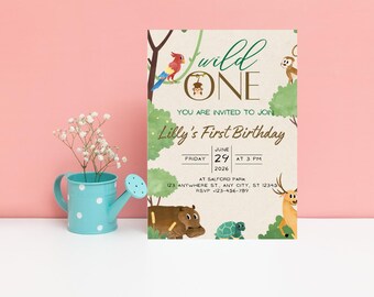 Editable Wild One Birthday Invitation, Jungle Animals Theme Party Invite, Printable Safari Template, Canva Instant Download, DIY Birthday