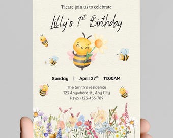 Editable Floral Bee 1st Birthday Invite Wildflower Birthday Party Invite Template Garden Party Birthday Girl Birthday Flower Card BH01