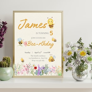 Hummel Geburtstag einladen Bearbeitbare Canva Vorlage Druckbare Biene Party Einladung für Kinder Druckbare Kinder Geburtstagskarte Digitaler Download