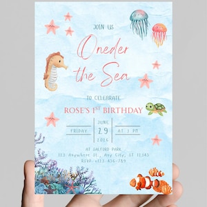 Oneder the Sea Birthday Invitation Printable, Under the Sea Editable Template, 1st Birthday Invite, Ocean Animals Girls Under the Sea Invite