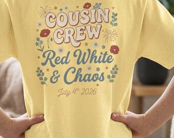 Camiseta infantil Cousin Crew vermelha, branca e caótica | Camiseta Comfort Colors patriótica botânica para combinar com a família no Dia da Independência dos Estados Unidos, 4 de julho de 2026