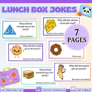 May include: A digital download featuring lunch box jokes. The image includes illustrated cards with jokes, a purple lunchbox, and text that reads "7 PAGES", "PRINTABLE SET", and "INSTANT DOWNLOAD". The jokes feature a triangle, cheese, cookie, donut, sandwich, and pencil.