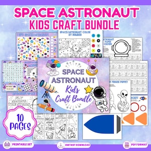 Op de afbeelding: Een printbaar ruimtevaart-thema knutselpakket voor kinderen. De afbeelding toont een verzameling van 10 pagina's met verschillende activiteiten, waaronder kleurplaten, een Ik-zie-spel en papieren knutselwerkjes. De titel "Space Astronaut Kids Craft Bundle" is prominent aanwezig.
