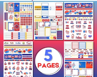 Stickerpakket 4 juli planner – 5 afdrukbare pagina's | Patriottische pdf-stickers voor planners, tijdschriften en scrapbooking | Direct downloaden