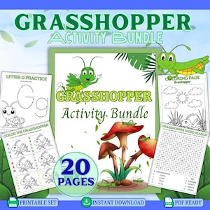 May include: An activity bundle titled "GRASSHOPPER ACTIVITY BUNDLE" with 20 pages. The cover features illustrations of grasshoppers, mushrooms, and the text "GRASSHOPPER Activity Bundle". Includes coloring pages, letter practice, and a word search.