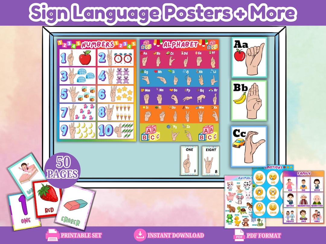 Sign Language Posters for Kids: 50 Page Printable Alphabet Numbers ...