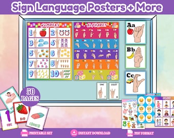 May include: Educational sign language posters and flashcards. The image shows posters with the alphabet, numbers, and vocabulary, including "one", "red", and "eraser". Additional flashcards cover emotions, family, and animals. The text reads "Sign Language Posters + More".