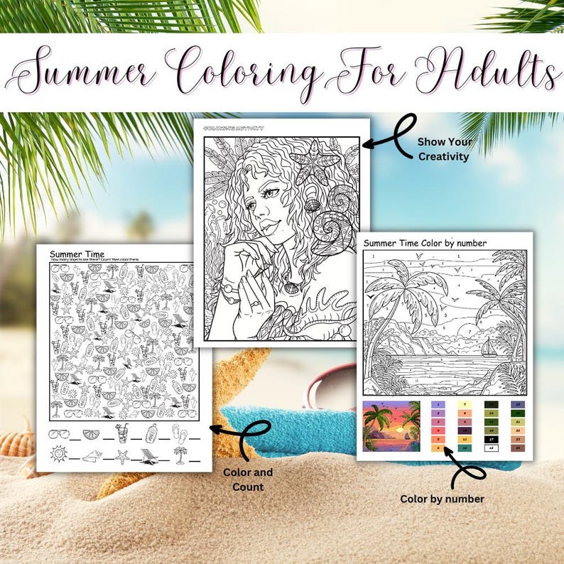 Summer Coloring Pages for Adults – 4 Page Printable PDF Bundle ...