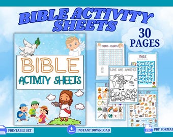 Puede incluir: Un conjunto digital de hojas de actividades bíblicas con 30 páginas. La portada presenta el texto "BIBLE ACTIVITY SHEETS" e ilustraciones de una paloma, un ángel y Jesús. Incluye búsquedas de palabras, laberintos y páginas para colorear.