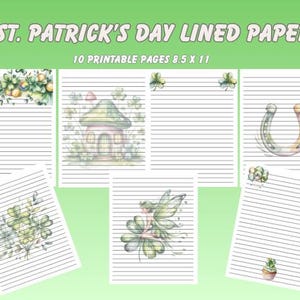 May include: St. Patrick's Day lined paper with 10 printable pages, each 8.5 x 11 inches. The pages feature watercolor illustrations of shamrocks, a fairy, a horseshoe, and a mushroom house, all on a green background.