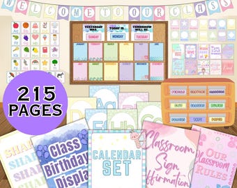 May include: A classroom decor bundle with a variety of printable educational materials. Includes a welcome banner, calendar set, alphabet chart, affirmation signs, and classroom rules. The bundle contains 215 pages and is available for instant download.