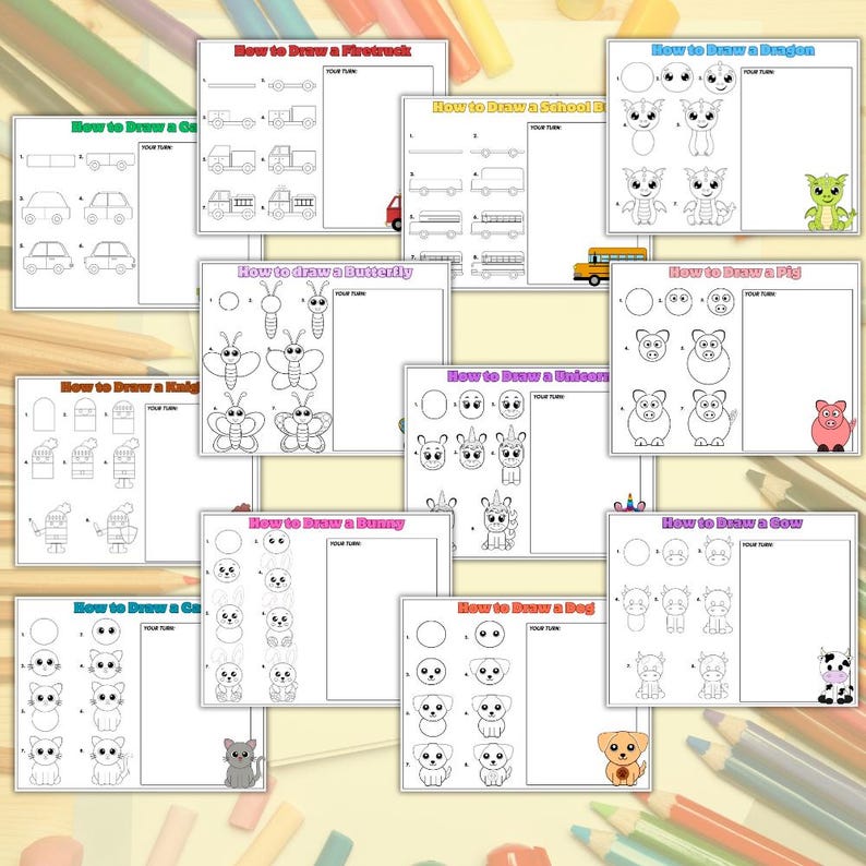 Step By Step Activity Step by Step Drawing Worksheets for Kids 12 Pages Printable Art ...