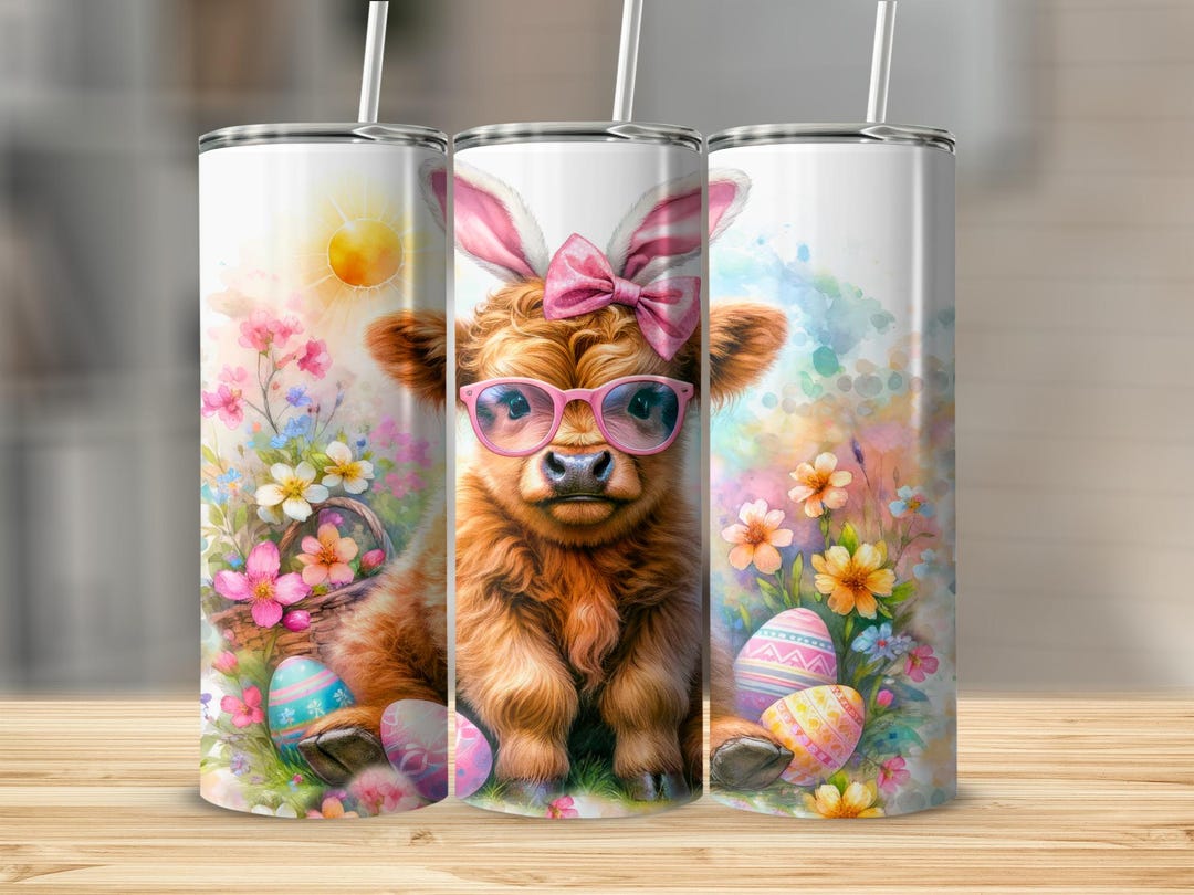 Easter Highland Cow Tumbler Wrap, Bunny Ears, Spring Flowers (digital