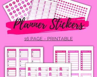 Könnte beinhalten: Eine Sammlung von rosa und weißen Planer-Aufklebern mit verschiedenen Designs, darunter Herzen, Kreise und rechteckige Etiketten. Der Text "Planner Stickers" ist in einer kräftigen, pinken Schrift dargestellt, darunter steht "16 PAGE - PRINTABLE".