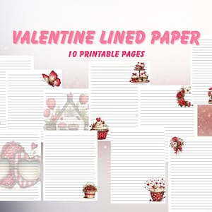 May include: Valentine's Day themed printable lined paper with decorative elements. The image features 10 pages with horizontal lines, adorned with illustrations of hearts, cupcakes, and a butterfly. The text "VALENTINE LINED PAPER" is displayed in pink.