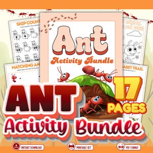 Puede incluir: Gráfico de "Ant Activity Bundle" con hormigas rojas, hierba verde y el texto "17 Páginas". El paquete incluye hojas de trabajo imprimibles con actividades como contar, emparejar y recorridos alfabéticos. El diseño es colorido y apto para niños.