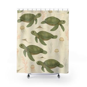 Neutral Sea Turtle Shower Curtain: Boho Coastal Bathroom Decor