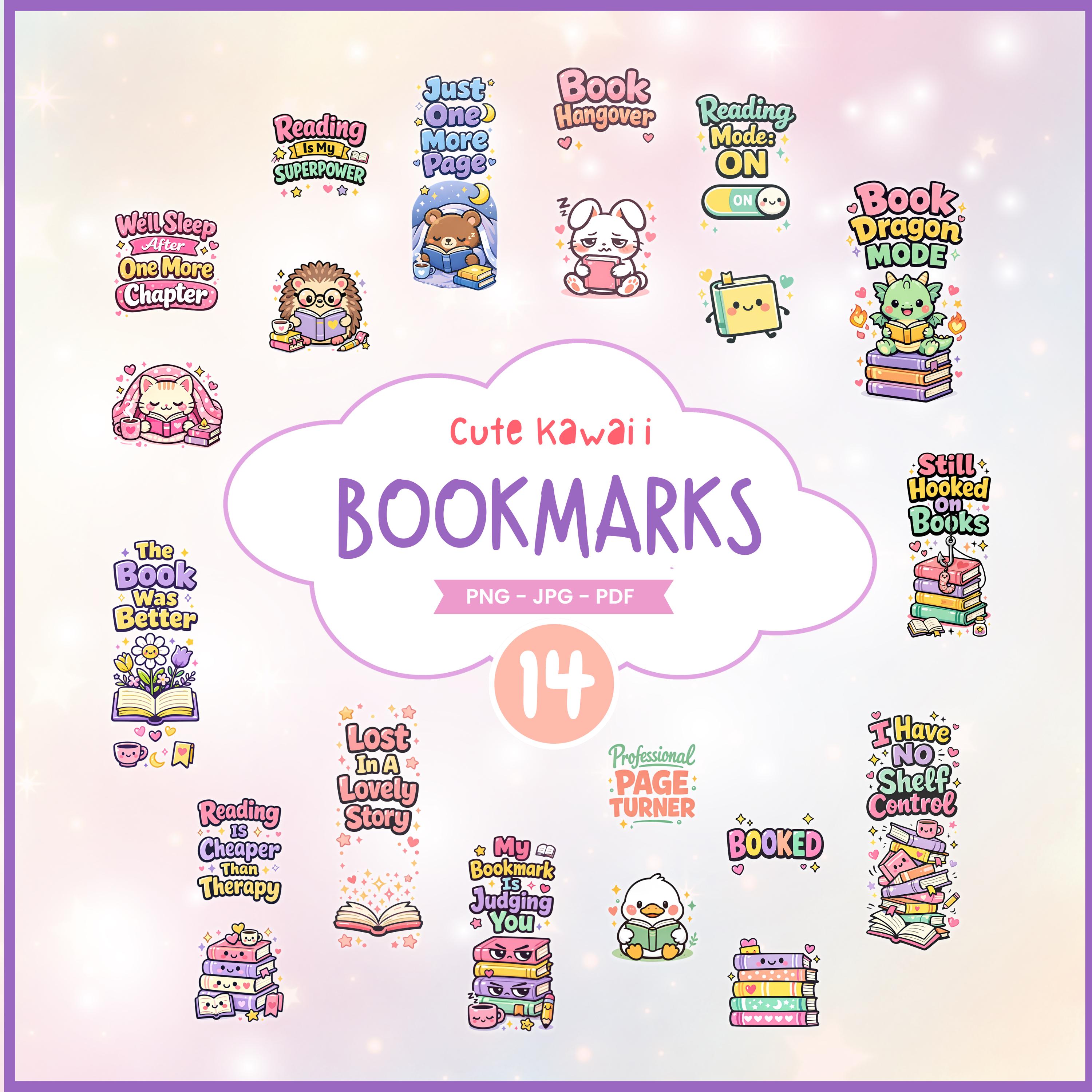 Cute Kawaii Bookmark Bundle PNG PDF JPG | 14 Funny Printable Bookmarks ...