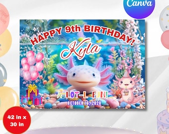 Banner di compleanno Axolotl, festa sottomarina, modello Canva modificabile (42x30 pollici) (download digitale)