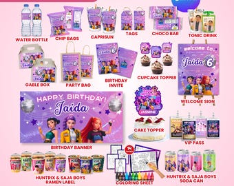 Set per compleanno in stile K-pop, stampabile per feste, etichette, decorazioni, sacchetto per patatine, modello Canva modificabile, download immediato.