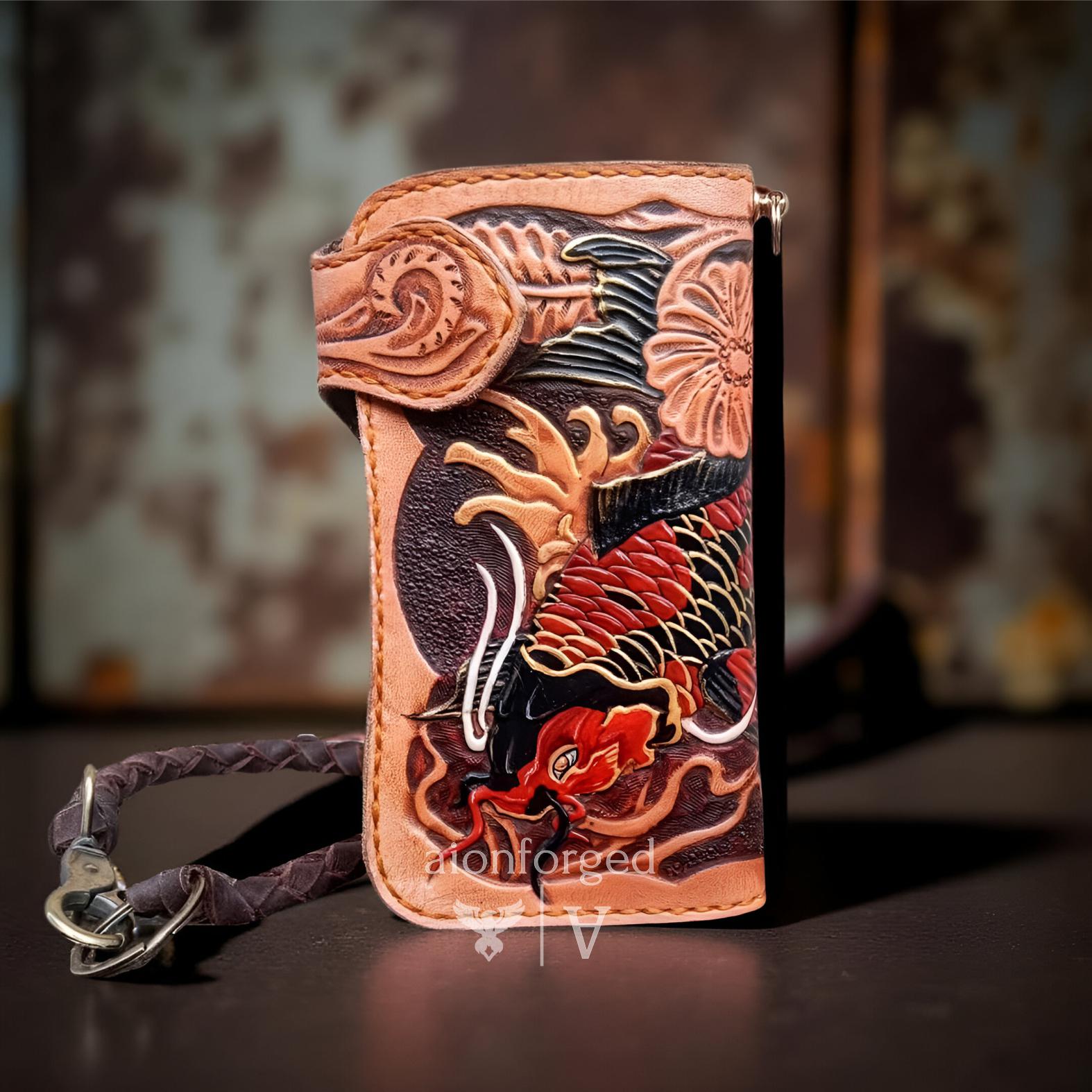 Genuine Leather Japanese Fish Carved Wallet, Custom Engraved