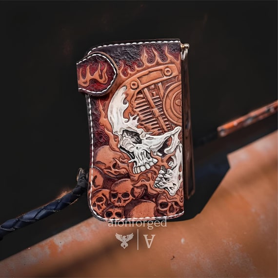 Hand-Tooled Leather Skull Wallet, Biker Motorbike Design