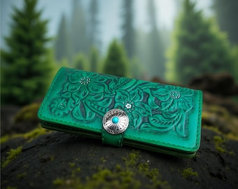 Handmade Green Floral Leather Wallet, Tooled Women's Long Wallet