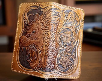 Hand-Carved Lion Leather Bifold Wallet, Genuine Cowhide