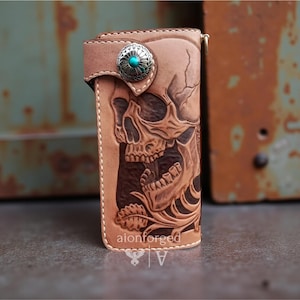 Carved Skull Leather Wallet, Tooled Skeleton Halloween Motor Wallet, Biker Long Men Wallet