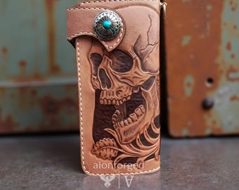 Handmade Carve Skull Leather Biker Long Wallet