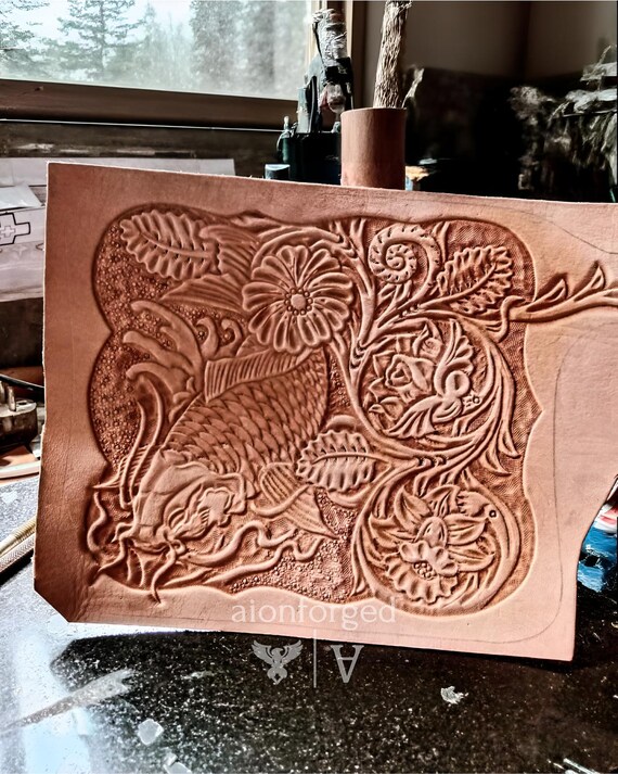 Genuine Leather Japanese Fish Carved Wallet, Custom Engraved