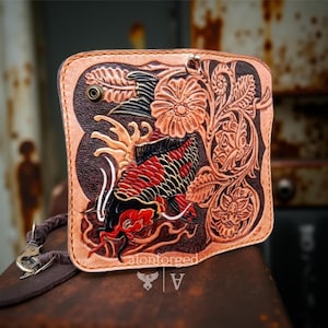 Genuine Leather Japanese Fish Carved Wallet, Custom Engraved Tattoo Yakuza Koi Wallet Unisex