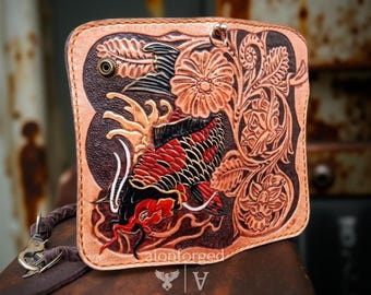 Genuine Leather Japanese Fish Carved Wallet, Custom Engraved Tattoo Yakuza Koi Wallet Unisex