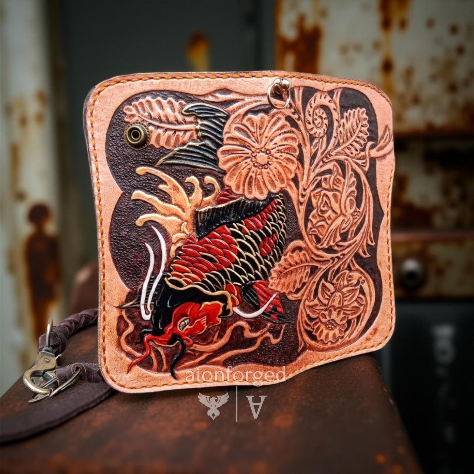 Genuine Leather Japanese Fish Carved Wallet, Custom Engraved