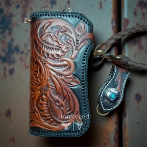 Cartera de cuero genuino tallada a mano – Diseño floral de tatuaje tribal – Cartera unisex plegable ornamental – Regalo estilo bohemio occidental para él o ella