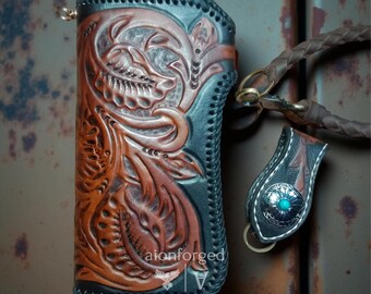 Hand-Carved Leather Bifold Wallet – Tribal Tattoo Floral Design