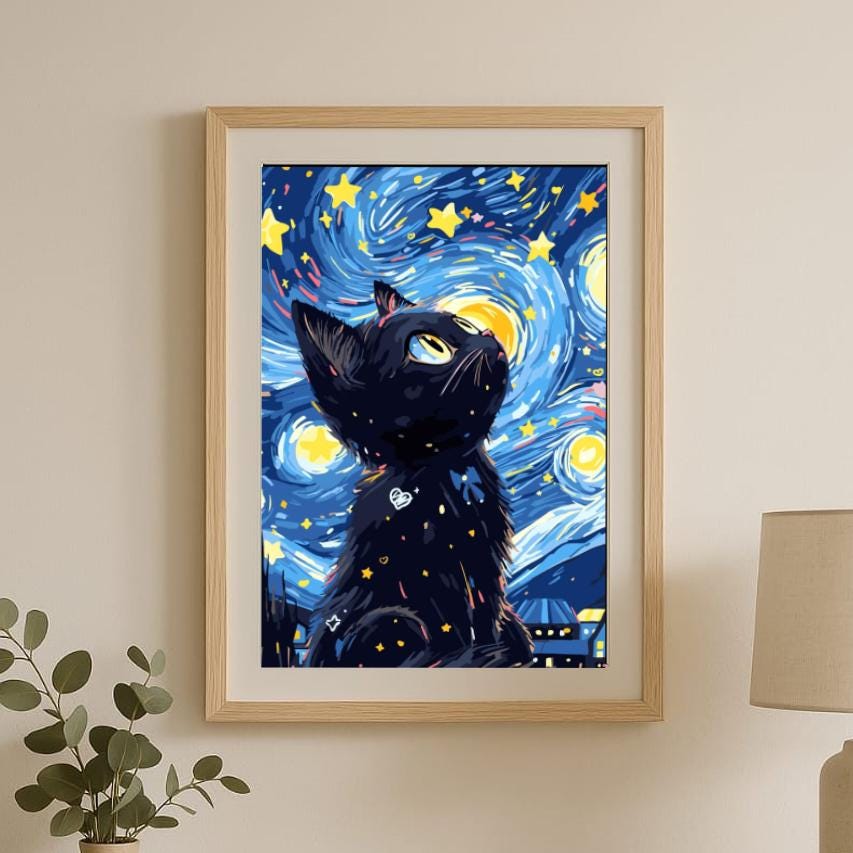 Black Cat Starry Night Art Print – Whimsical Cat Wall Decor, Van Gogh ...
