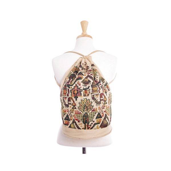 Vintage 70s Backpack - Aztec Embroidered Canvas Shoulder Bucket Bag