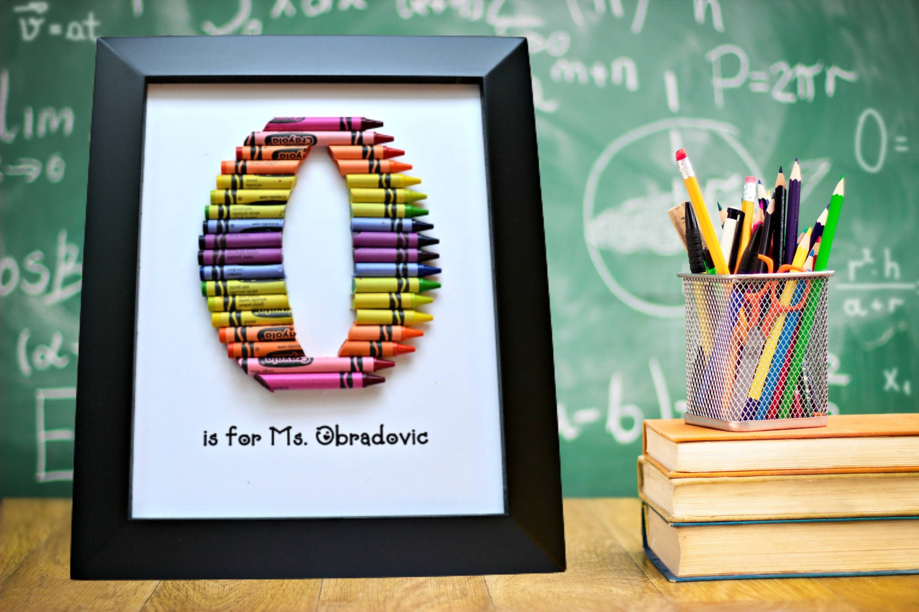 FAST SHIPPING!!! Framed 8 by 10 - Double Rainbow Crayon Letter - Personalized Teacher Gift