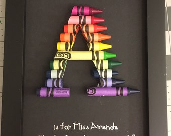 FAST SHIPPING! Framed 5 by 7 Black Background - Personalized Teacher Gift - Crayon Letter - Standard Rainbow